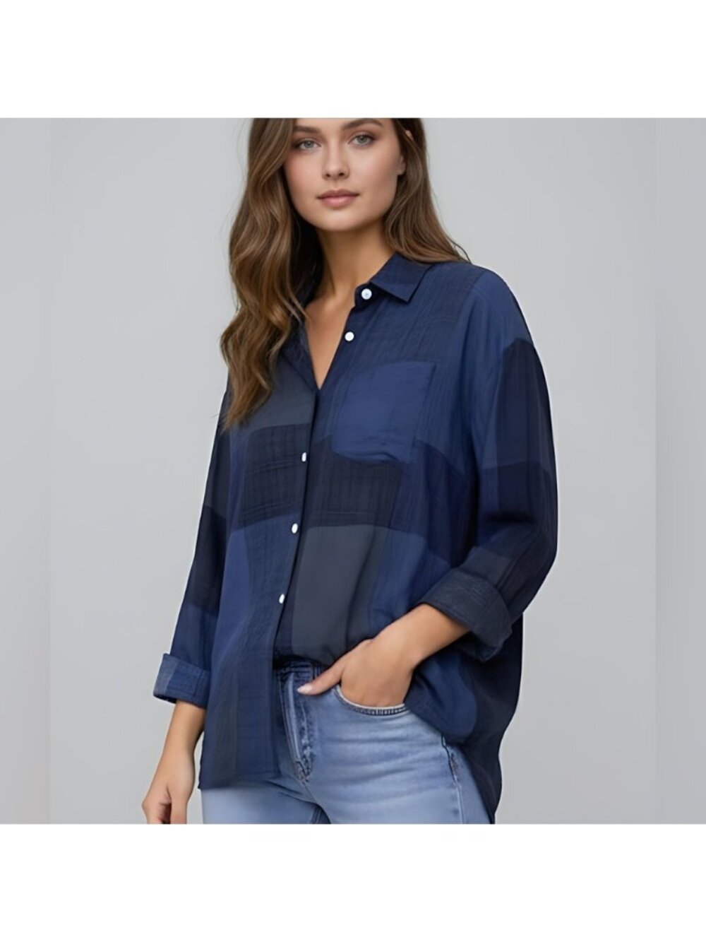Blue Color Block Button Down Shirt